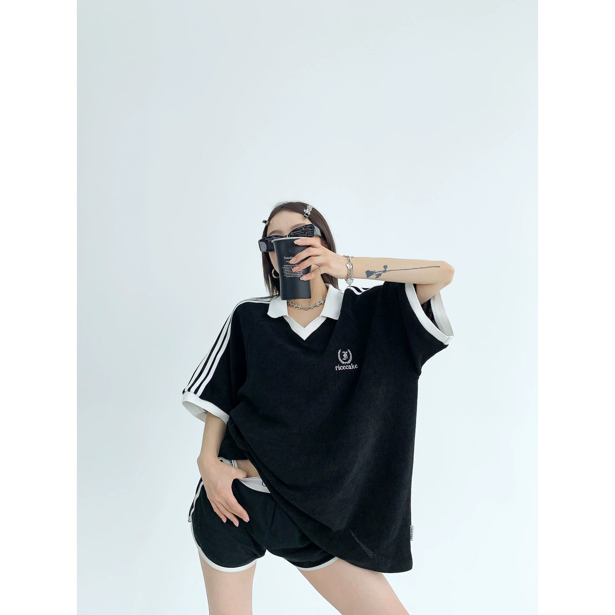 Oversize V-Neck Short Sleeve Polo Shirt