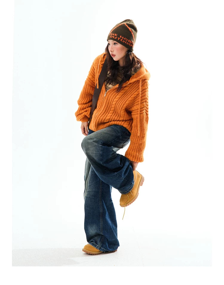 Chunky Knit Zipper Hooded Oversize Cardigan