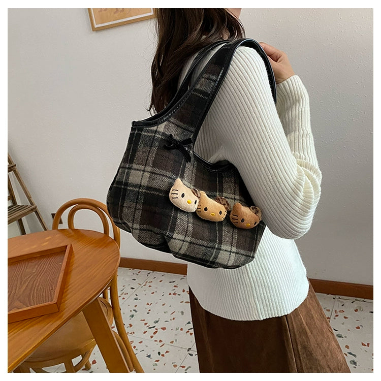 Vintage Karo Tragetasche mit Hello Kitty Trio - Soft Girl Ästhetische Handtasche