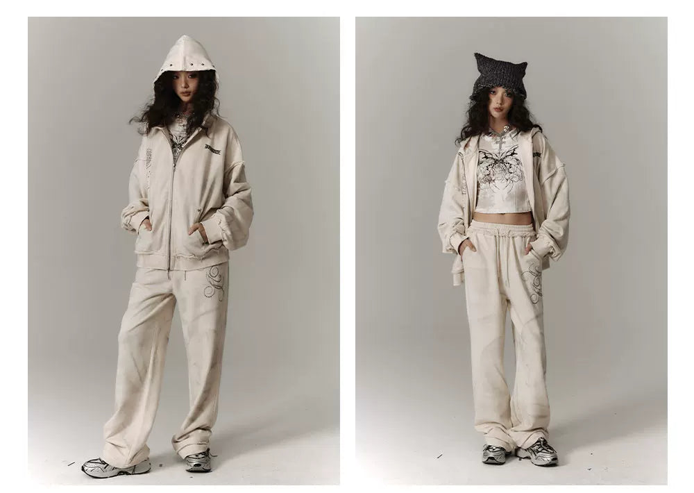 Washed Damage Oversize Zipper Hoodie & Short Skirt & Wide Leg Pants Setup