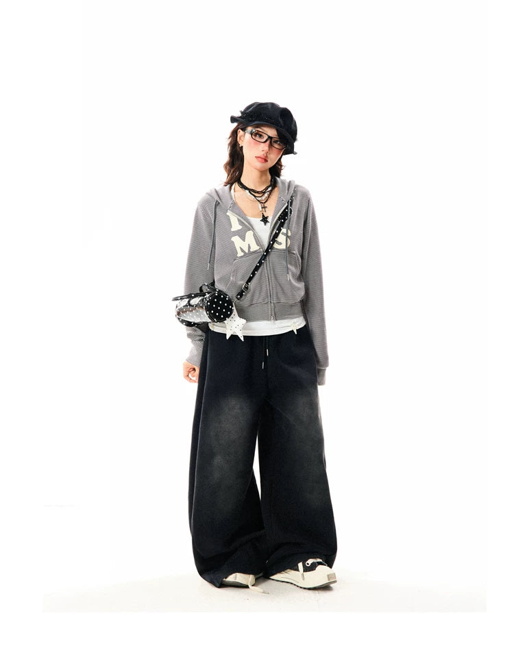 Heart Letter Print Stripe Cropped Zipper Hoodie