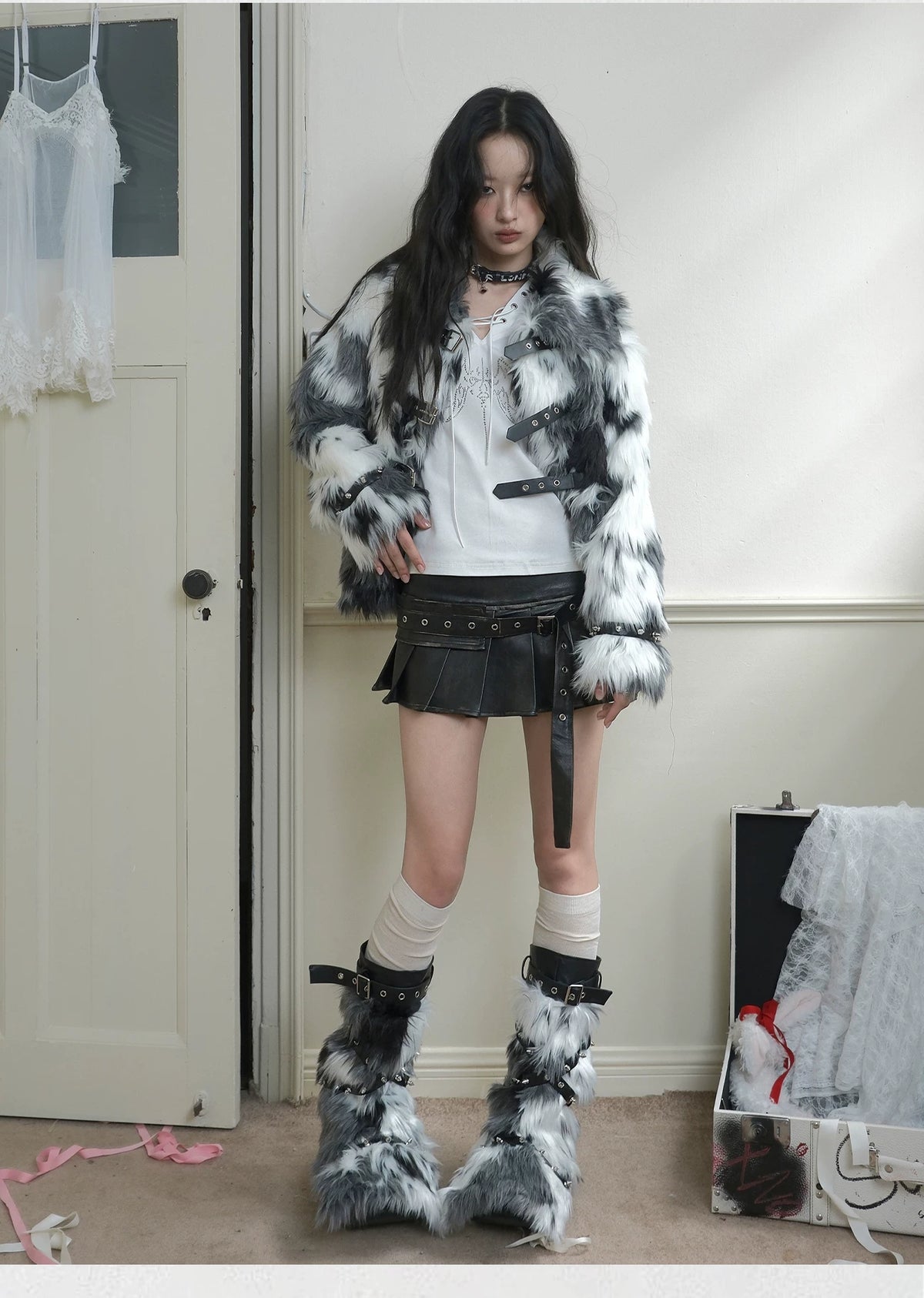 Washed Pleated PU Leather Short Skirt