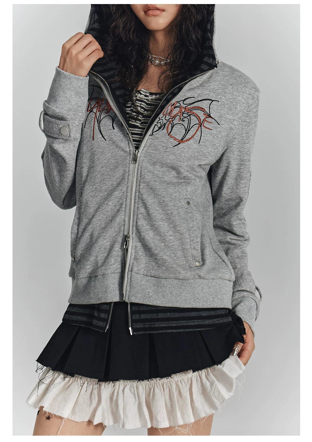 Embroidery Fake Layered Double Zipper Hoodie