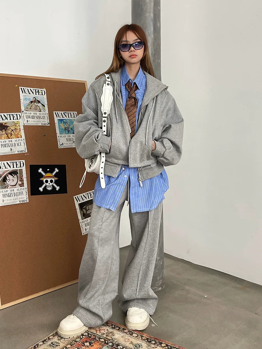 Oversize Dual Zipper Hoodie & Wide Leg Sweatpants Setup