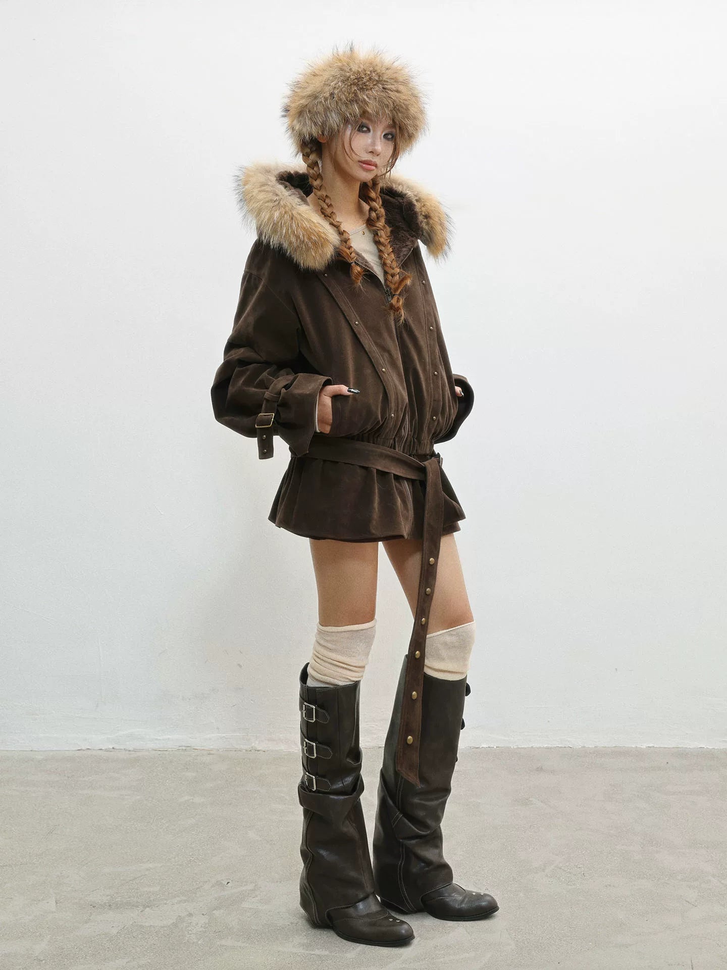 French Inspired Fleece Fake Rabbit Fur Lining Jacket
