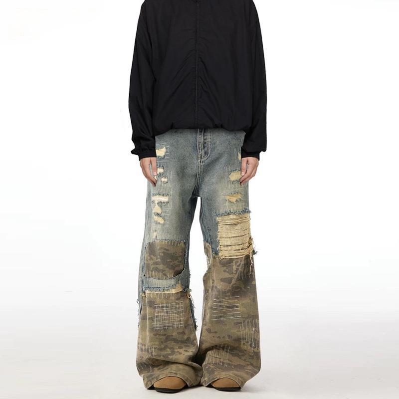 Washed Messy Needlework Ripped Jeans
