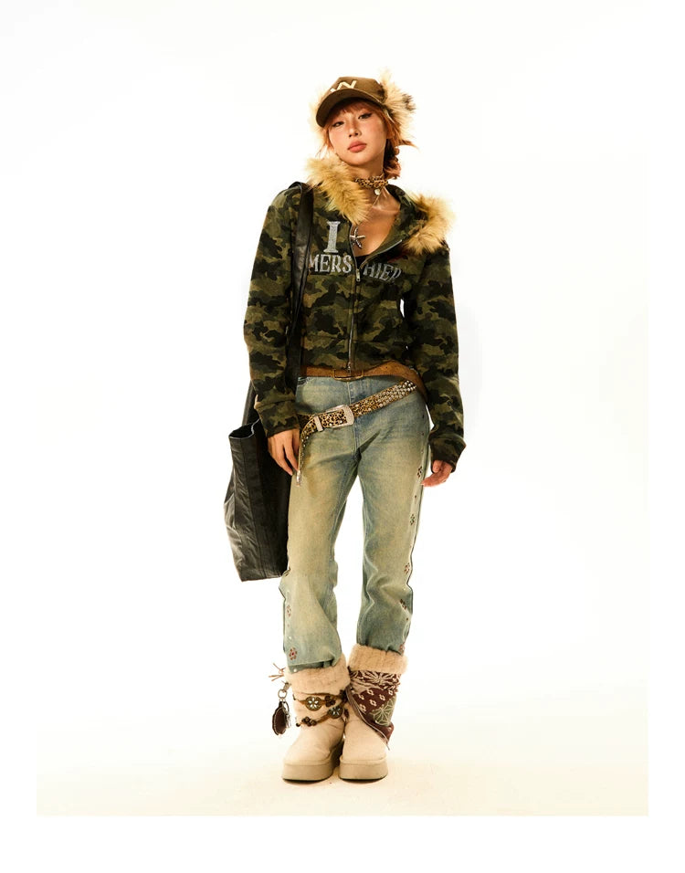 Camouflage Fake Fur Trim Star Patch Zipper Hooded Jacket