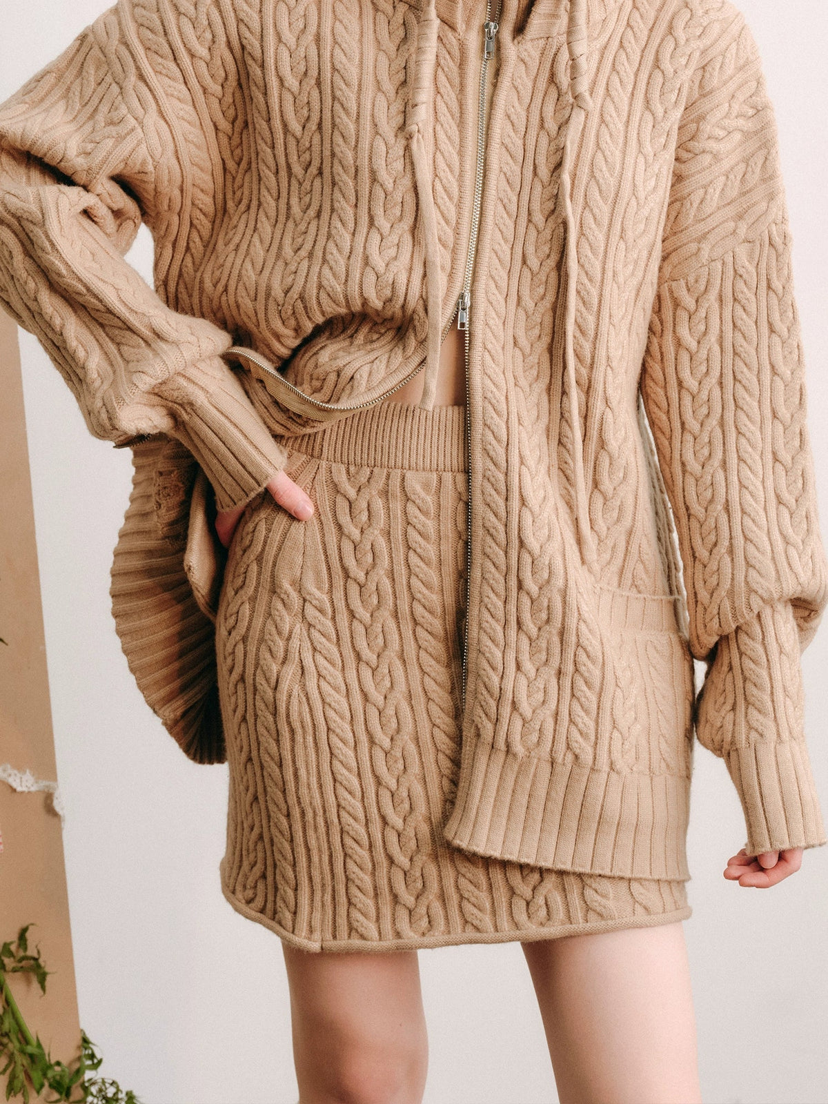 Bunny Hare Ear Hooded Zipper Knit Cardigan & Knit Skirt Setup
