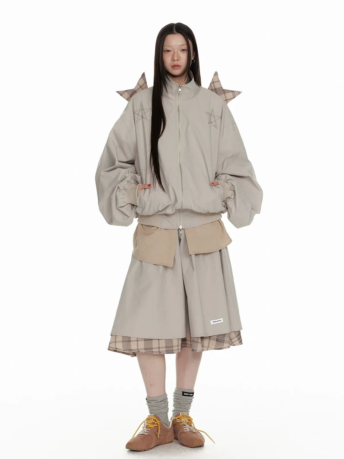 Hollow Star Stand Neck Recersible Jacket & Recersible Plaid Skirt Setup