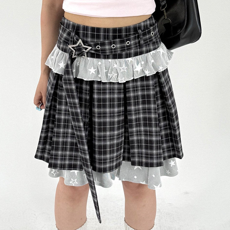 Plaid Lace Layered Star A-Line Short Skirt