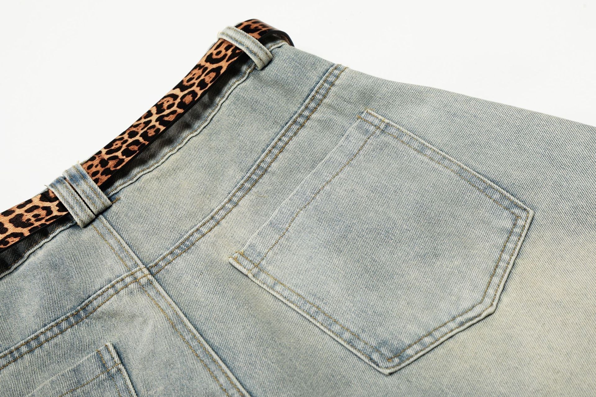 Washed Damage Panel Curved Denim Jeans