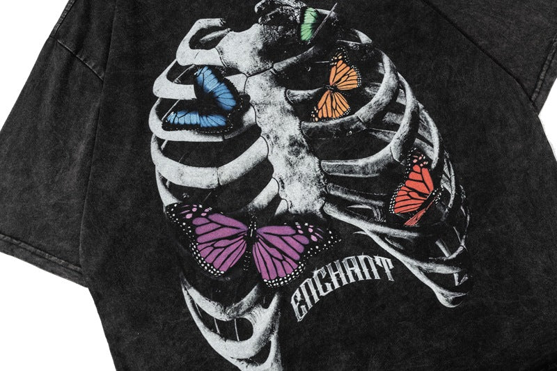 Washed Skeleton Butterfly Print Short Sleeve T-Shirt