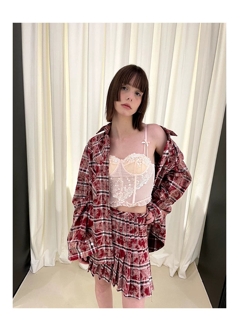 Checkered Washed Oversize Long Sleeve Shirt & Pleated Short Skirt Setup