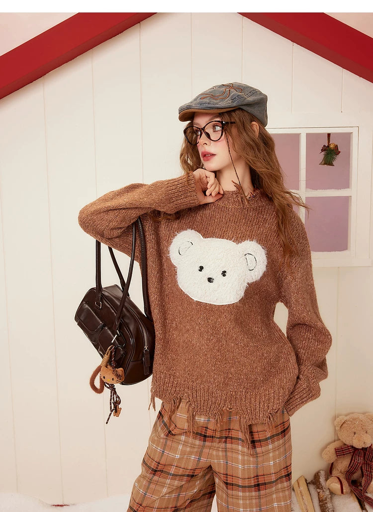 Bear Design Fringe Knit Sweater