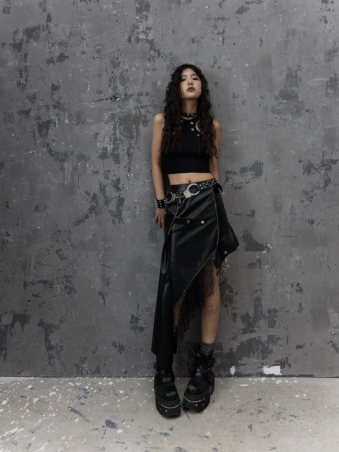 Asymmetric PU Leather Mesh Patchwork Skirt