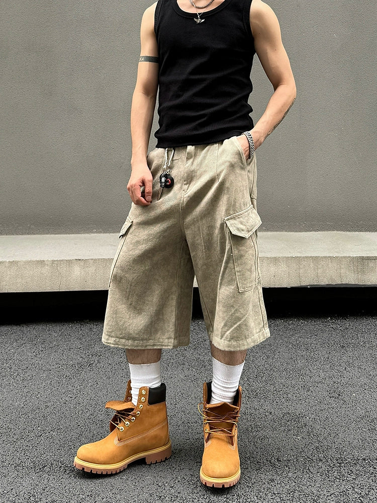 Marble Pattern Washed Wide Leg Cargo Short