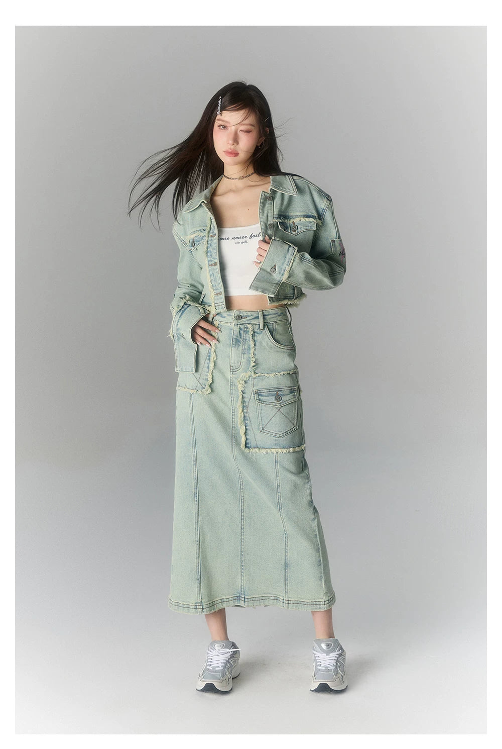 Washed Large Pocket Denim Long Skirt