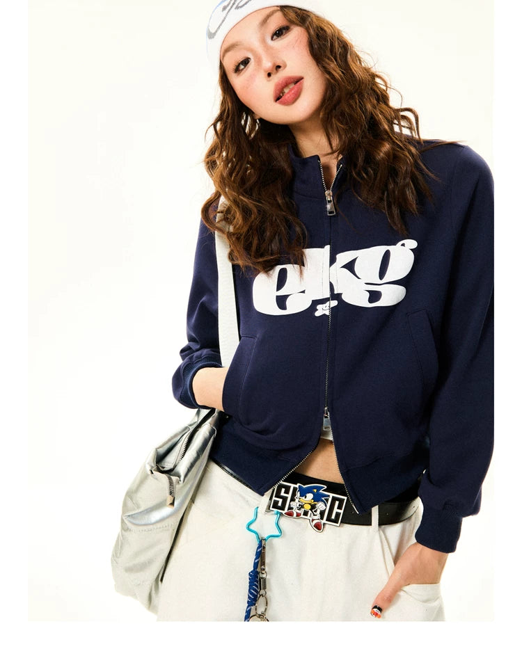 Letter Print Fitted Zipper Hoodie