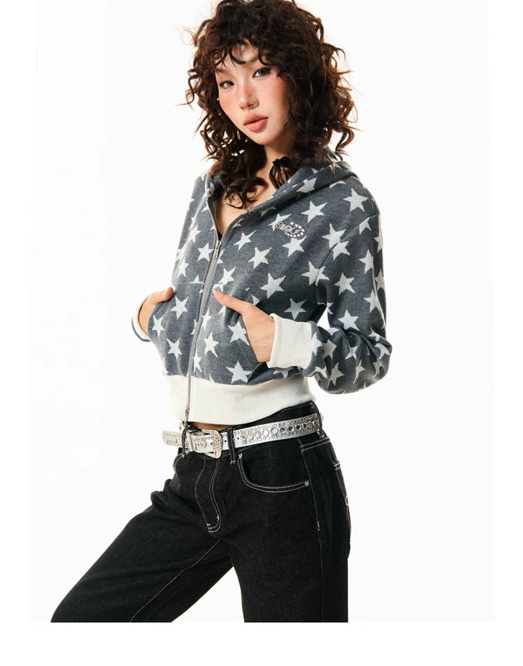 Star Print Cropped Zip-Up Hoodie