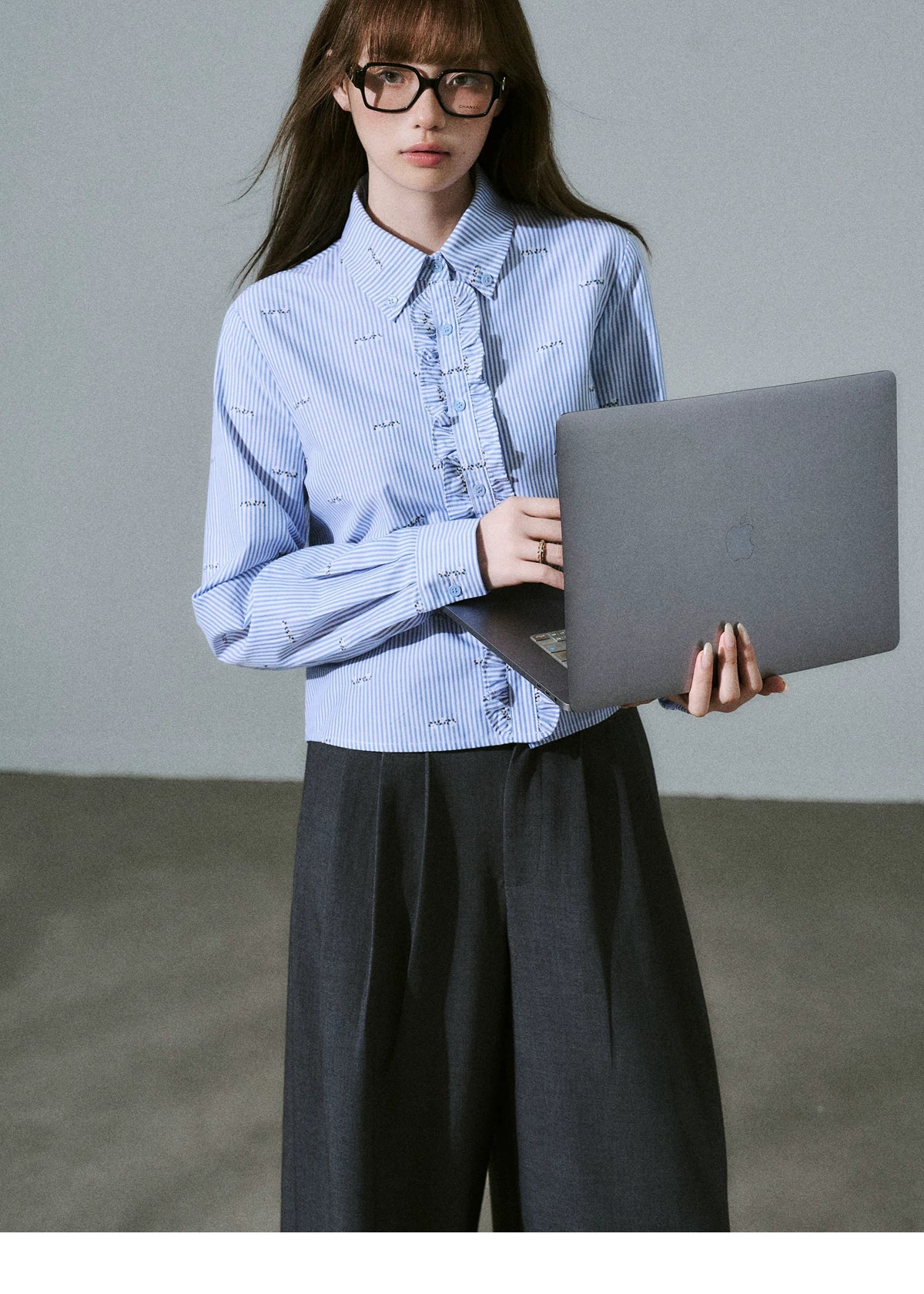 Ruffle Placket Striped Button-Up Long Sleeve Shirt