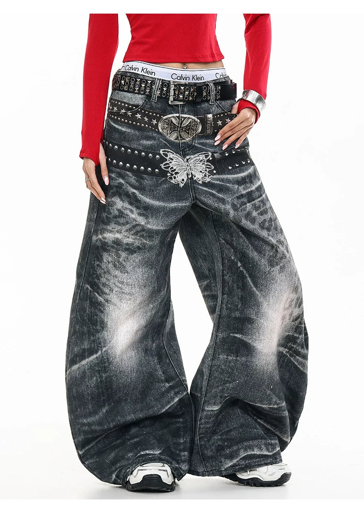 Butterfly Double Waistband 3D Print Wide Leg Denim Jeans