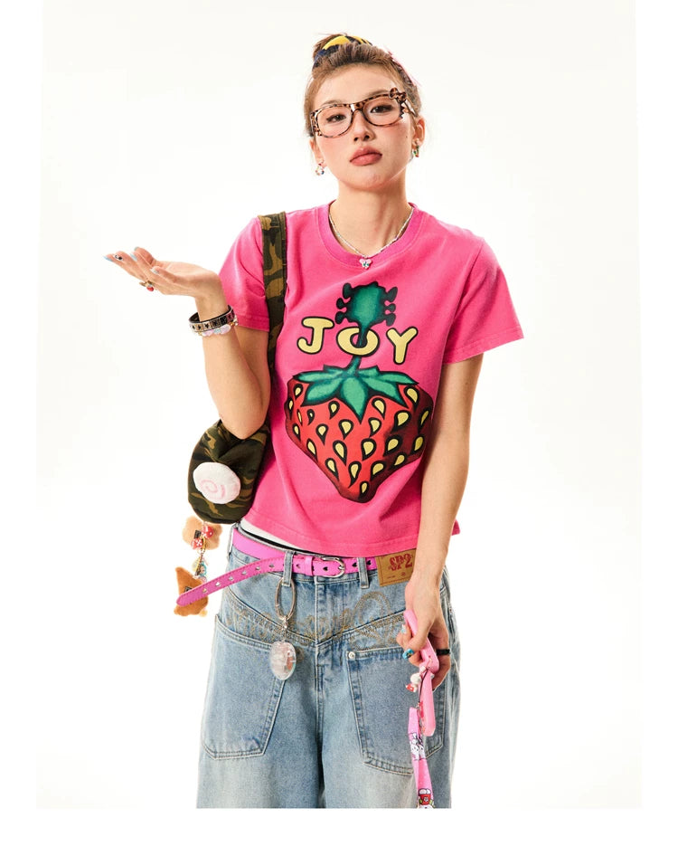 Strawberry Print Cropped Short Sleeve T-Shirt