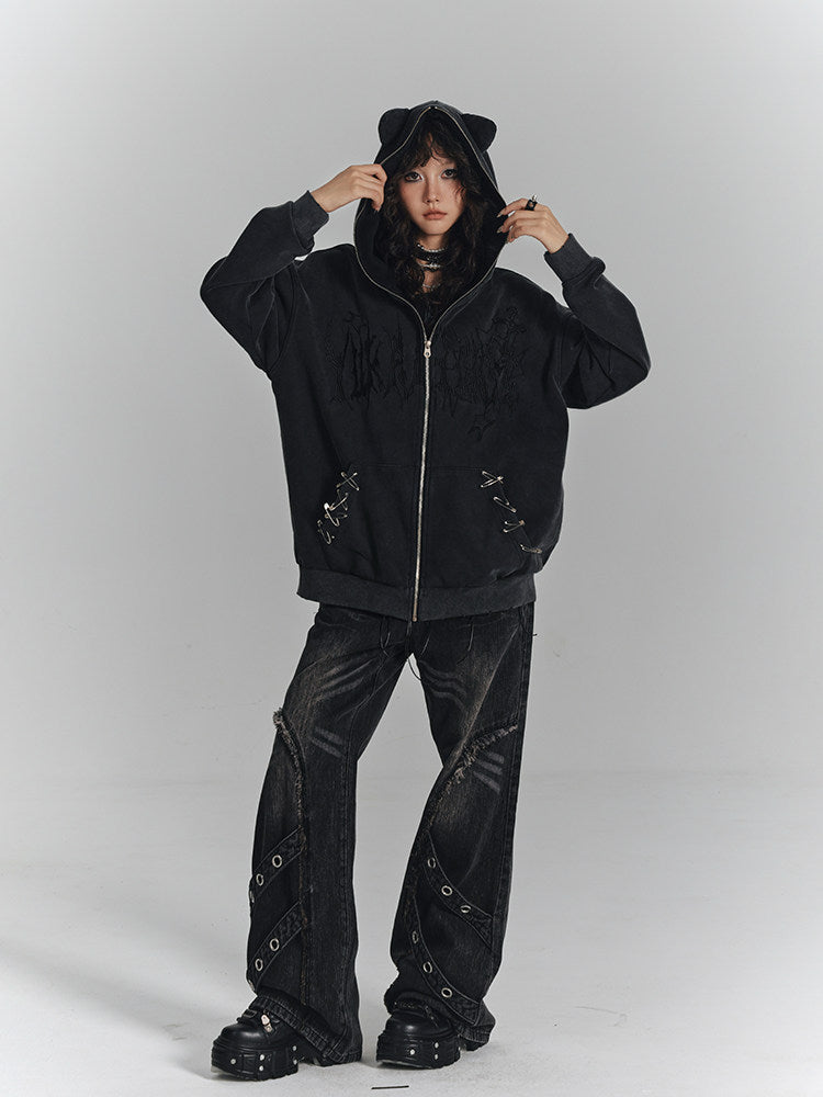 Washed Frayed Wide-Leg Straight Denim Jeans