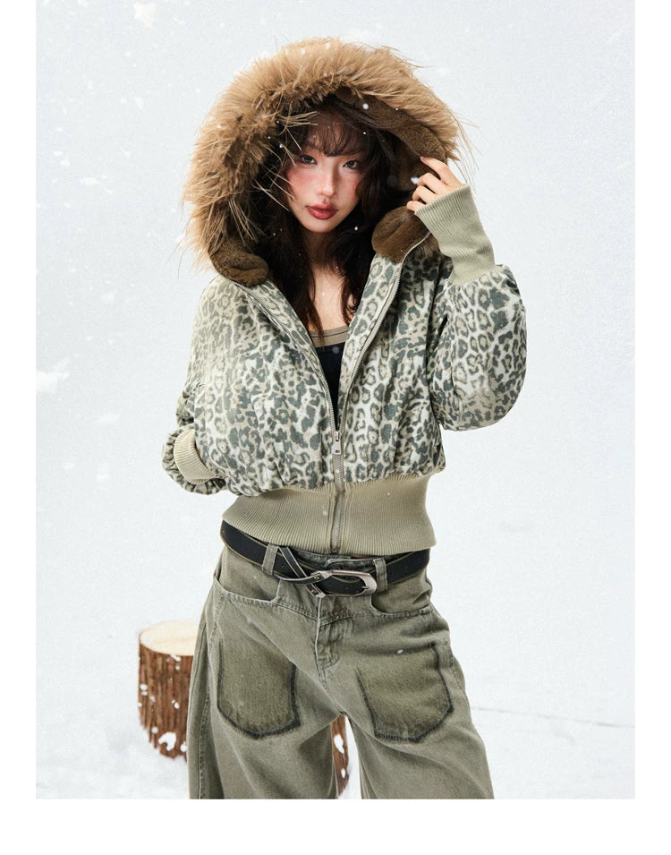 Leopard Print Fur-Trim Hood Puffer Jacket