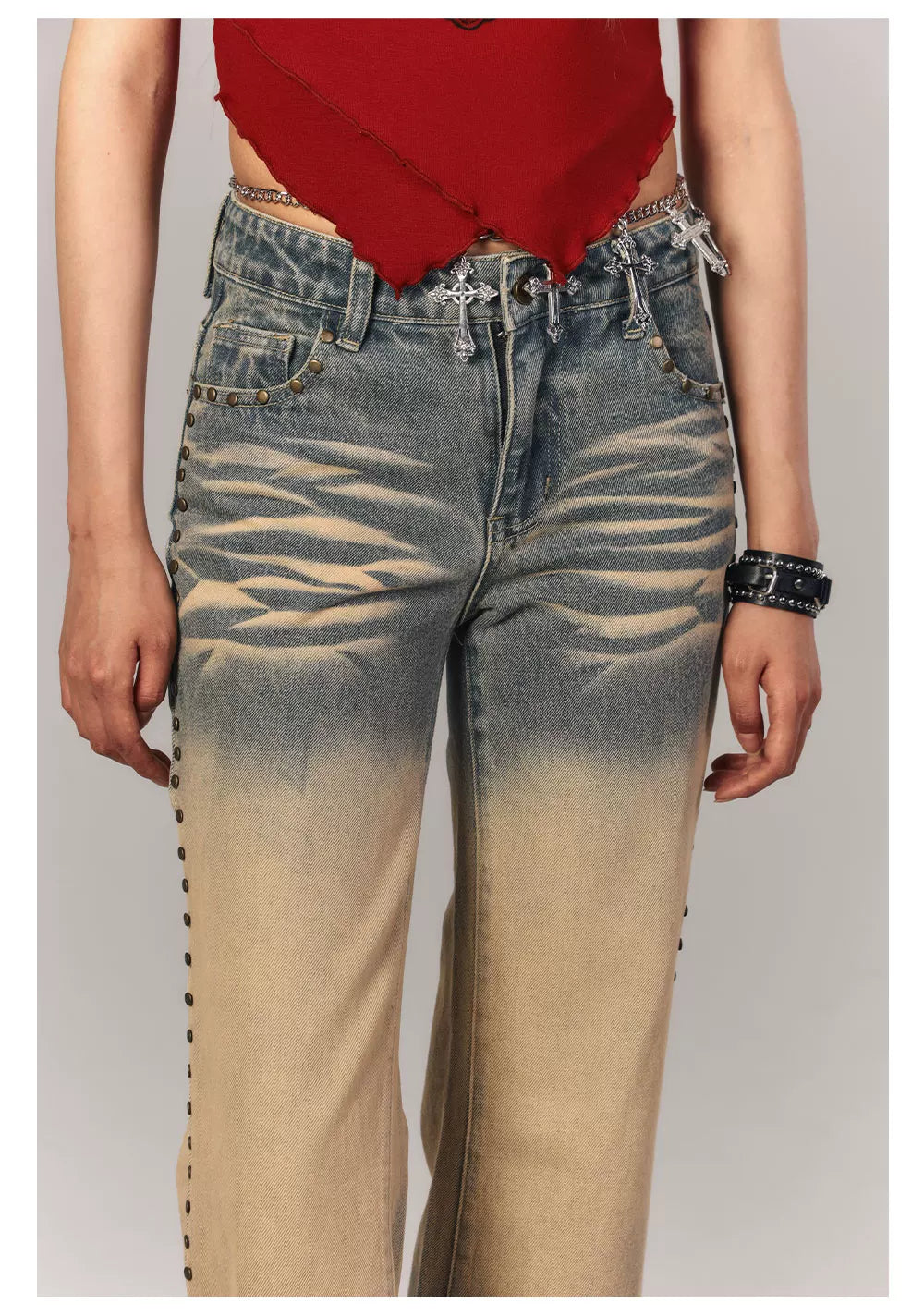 Washed Gradient Studs Detail Flare Denim Jeans