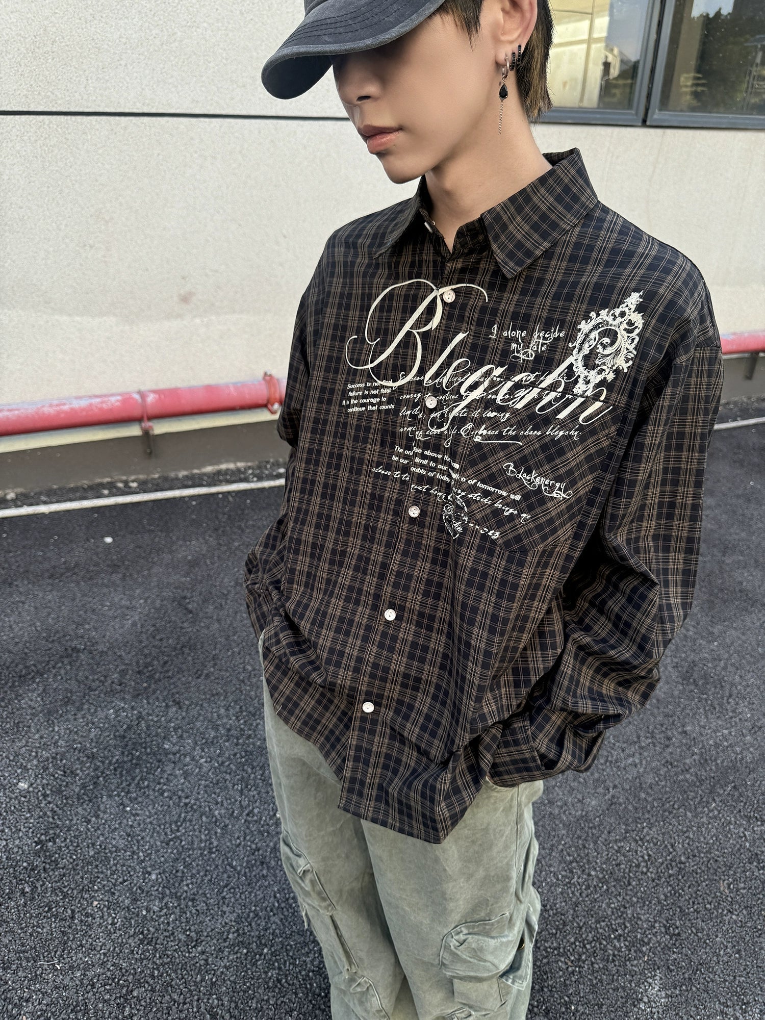Letter Print Button Oversize Long Sleeve Shirt