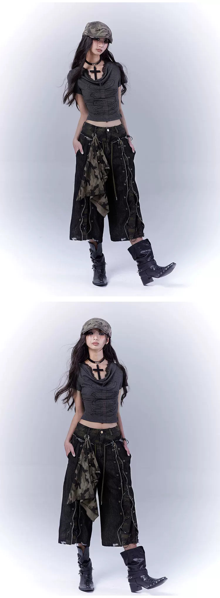Camouflage Lace-Up Damage Cropped Denim Jeans & Scarf Set
