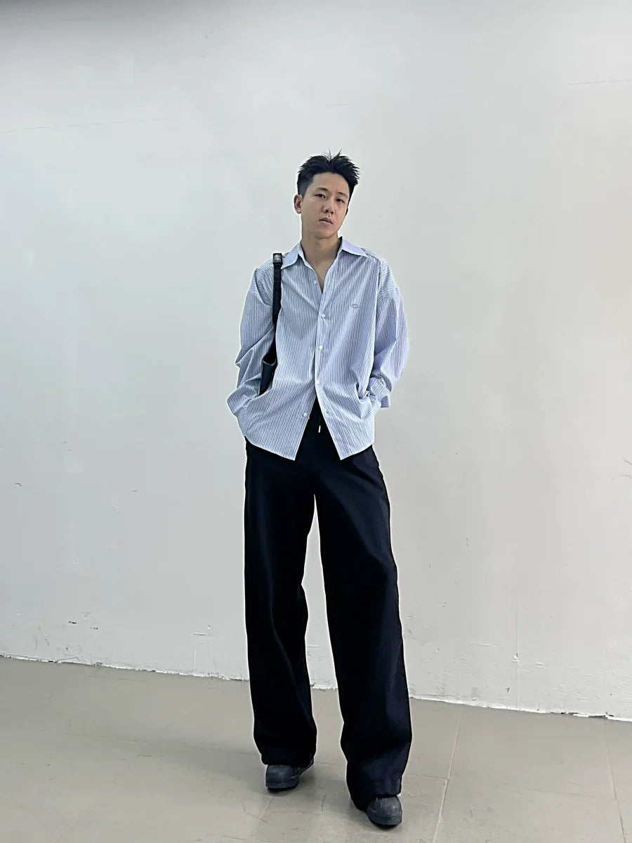 Striped Embroidery Oversize Long Sleeve Shirt