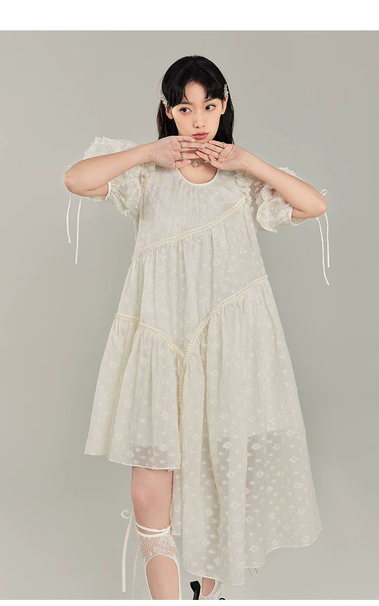 Jacquard Design Short Sleeve Dress With Irregular Hem Length