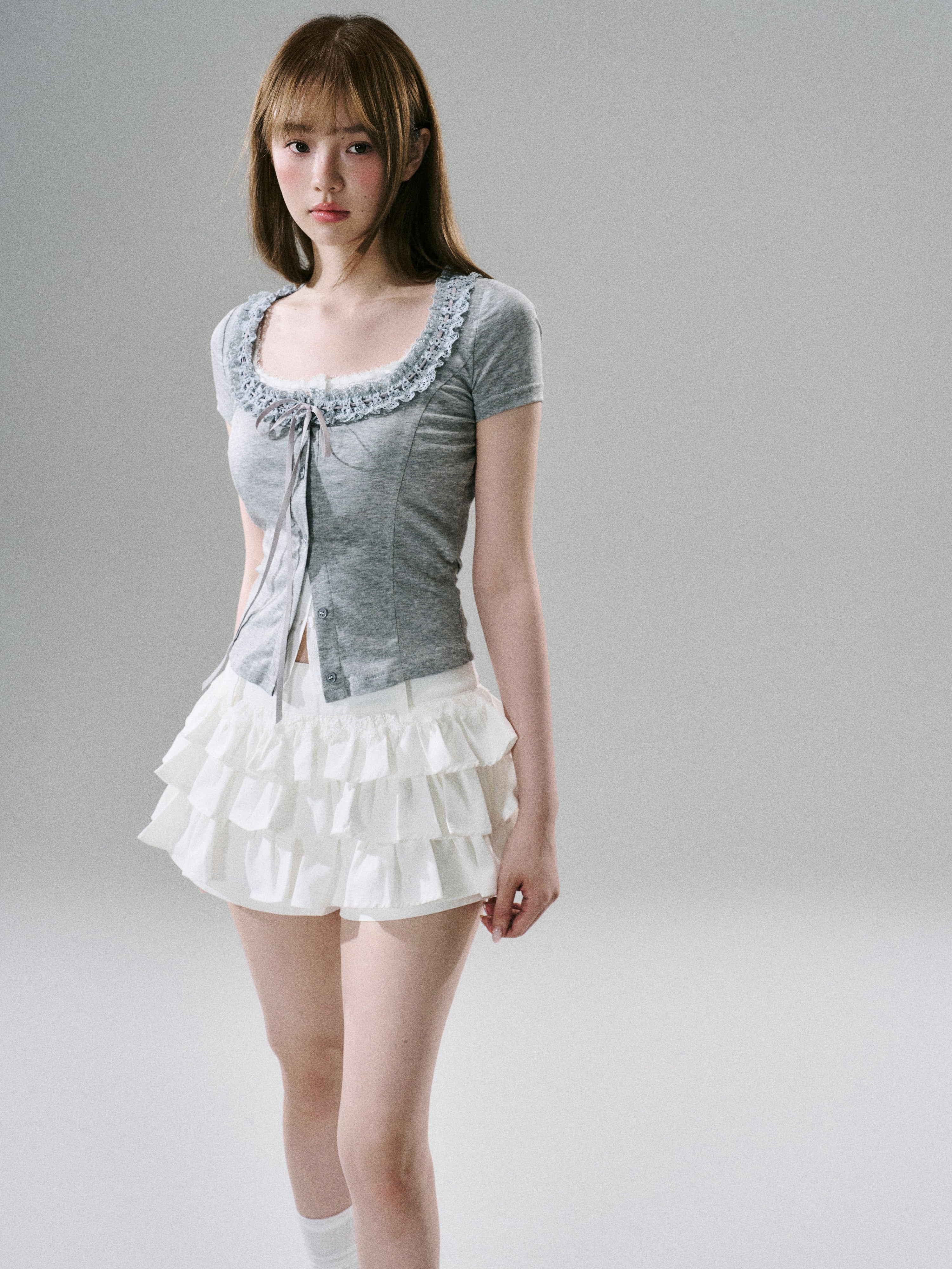 Sweet Girly Lace Ruffle Cargo Skirt