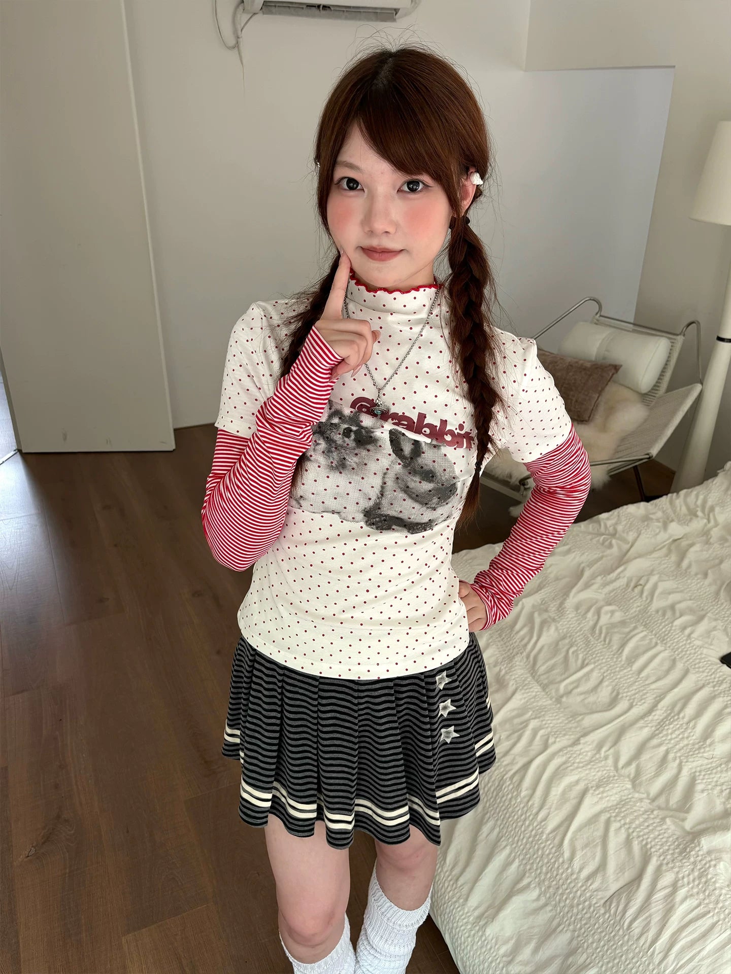 Rabbit Print Patchwork High-Neck Long Sleeve T-Shirt