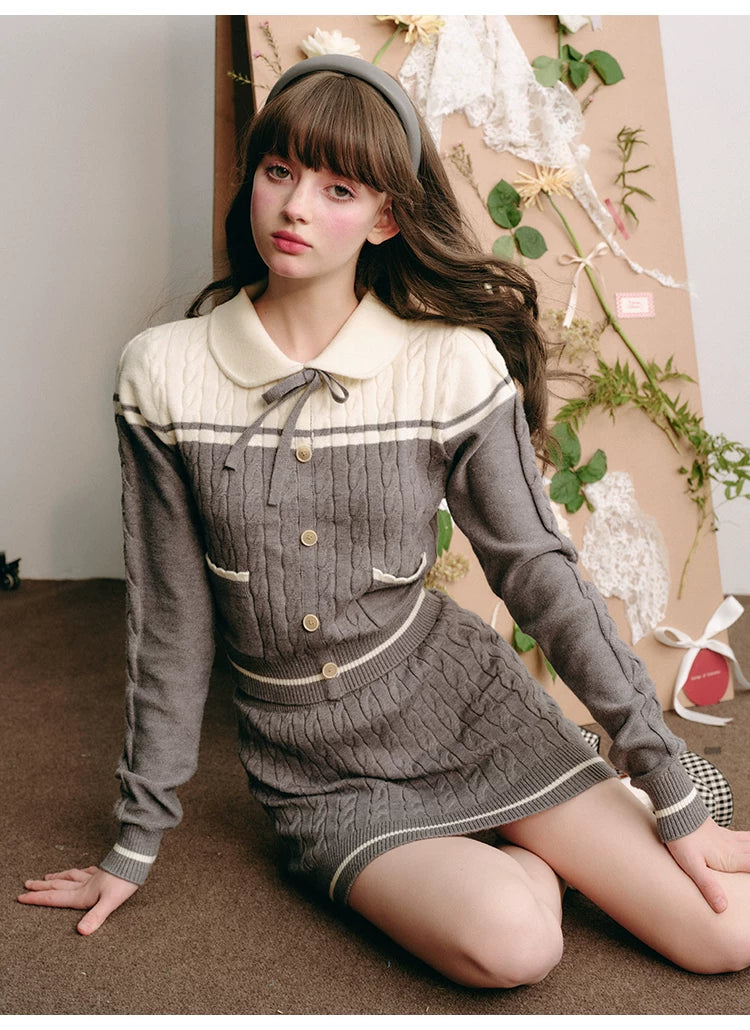 Bow Round Collar Knit Cardigan & Knit Short Skirt Setup