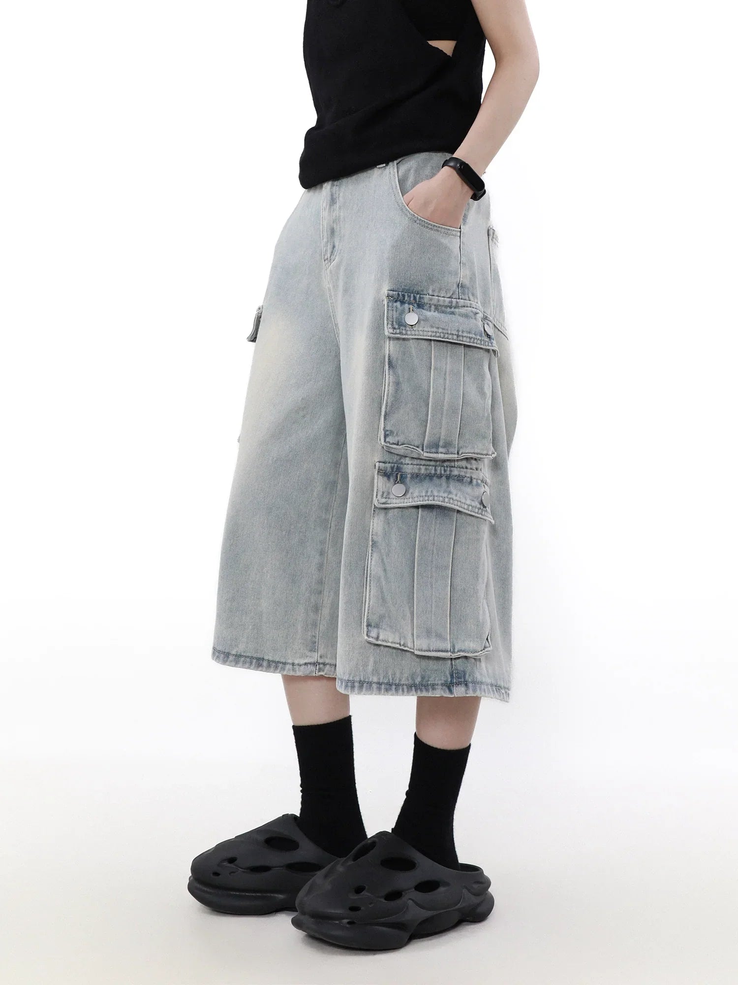 Wash Multi Pocket Ankle-length Wide Leg workwear Denim Jeans