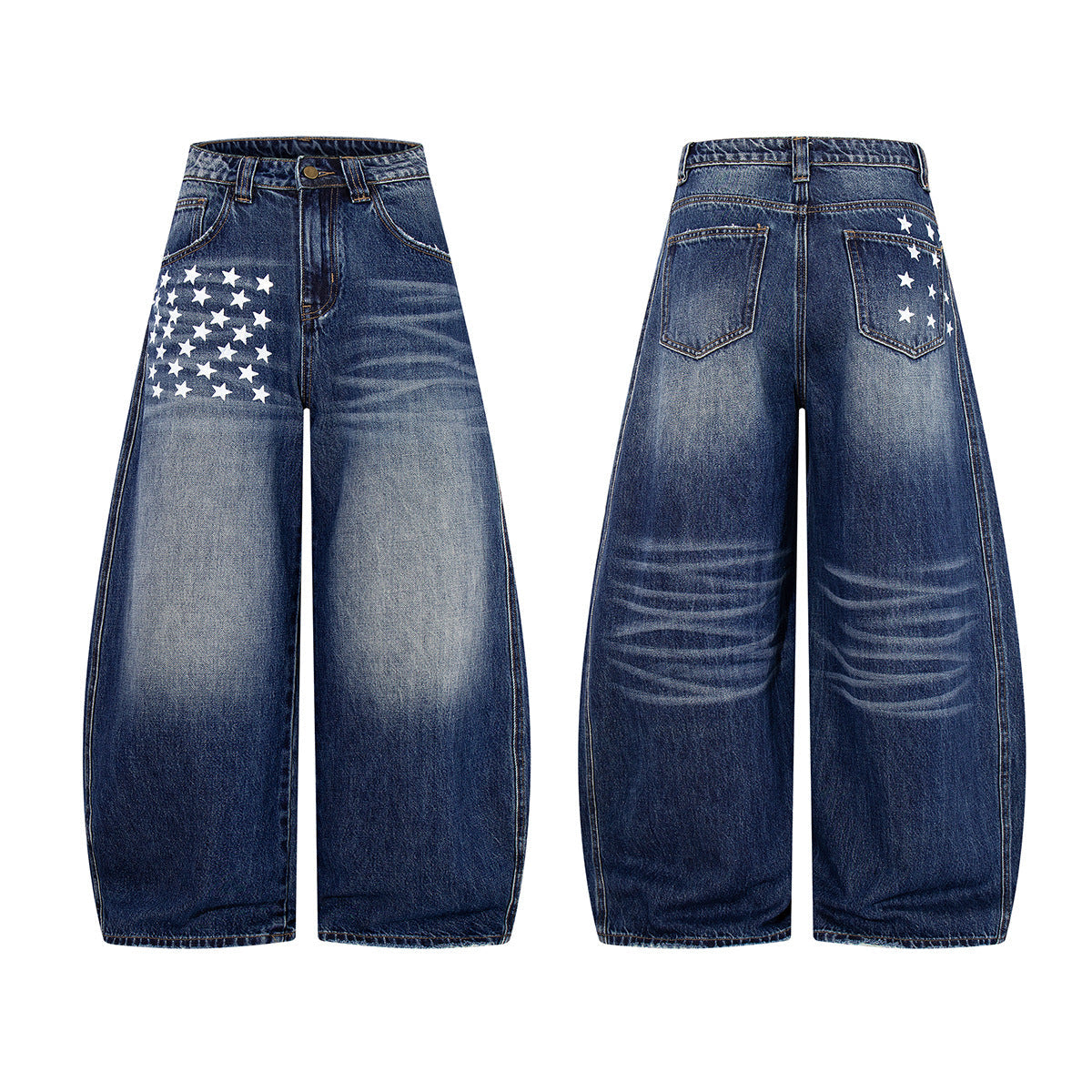 Star Print Curved Wide Leg Denim Jeans