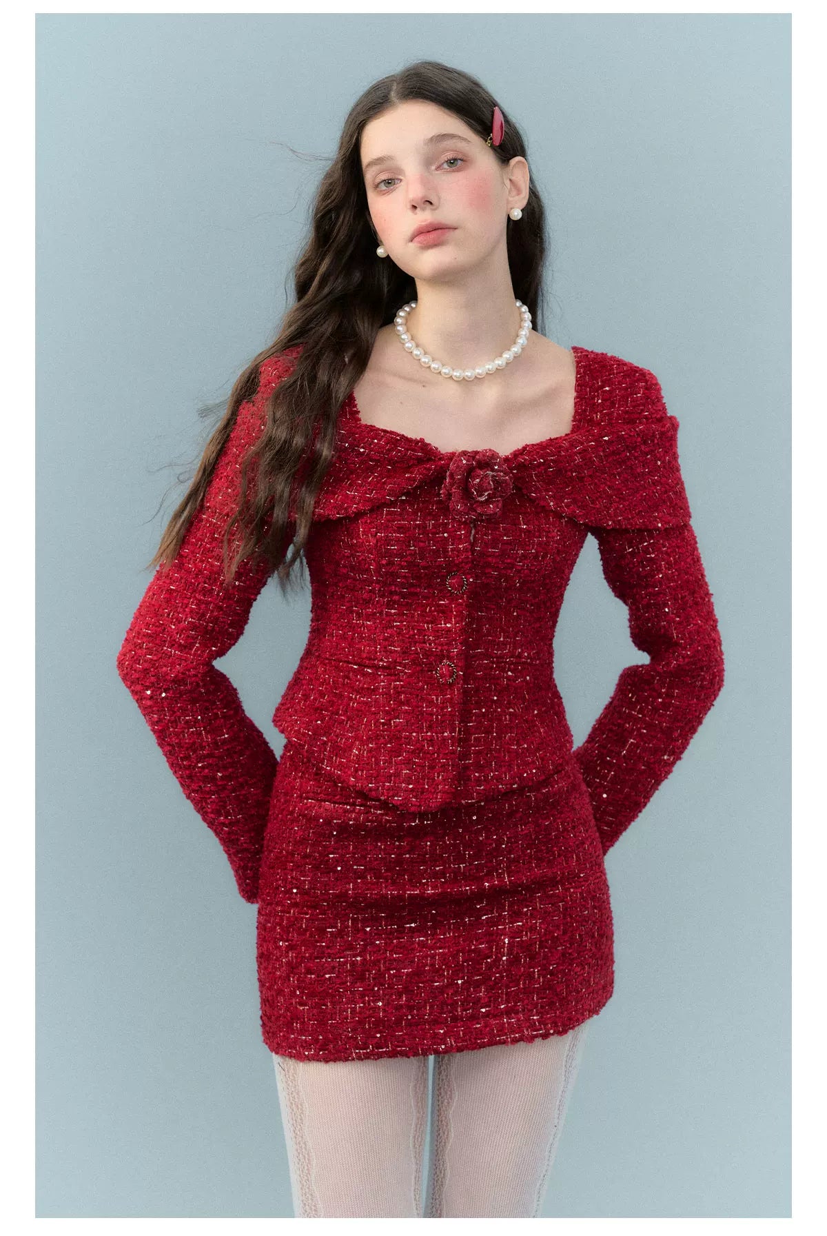 Short Tweed Jacket & Tweed Short Skirt & Tweed Fishtail Long Skirt & Fur Scarf Setup