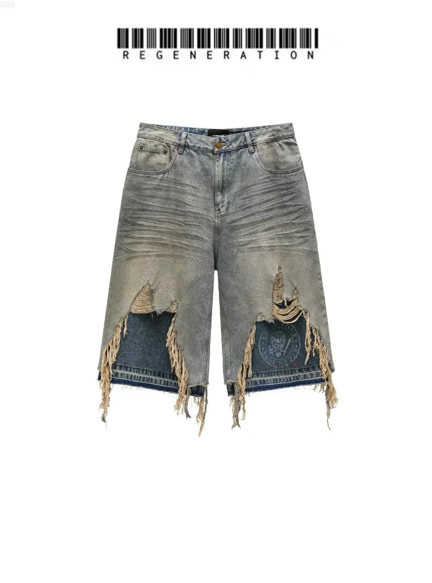 Washed Whisker Patchwork Half Denim Jeans