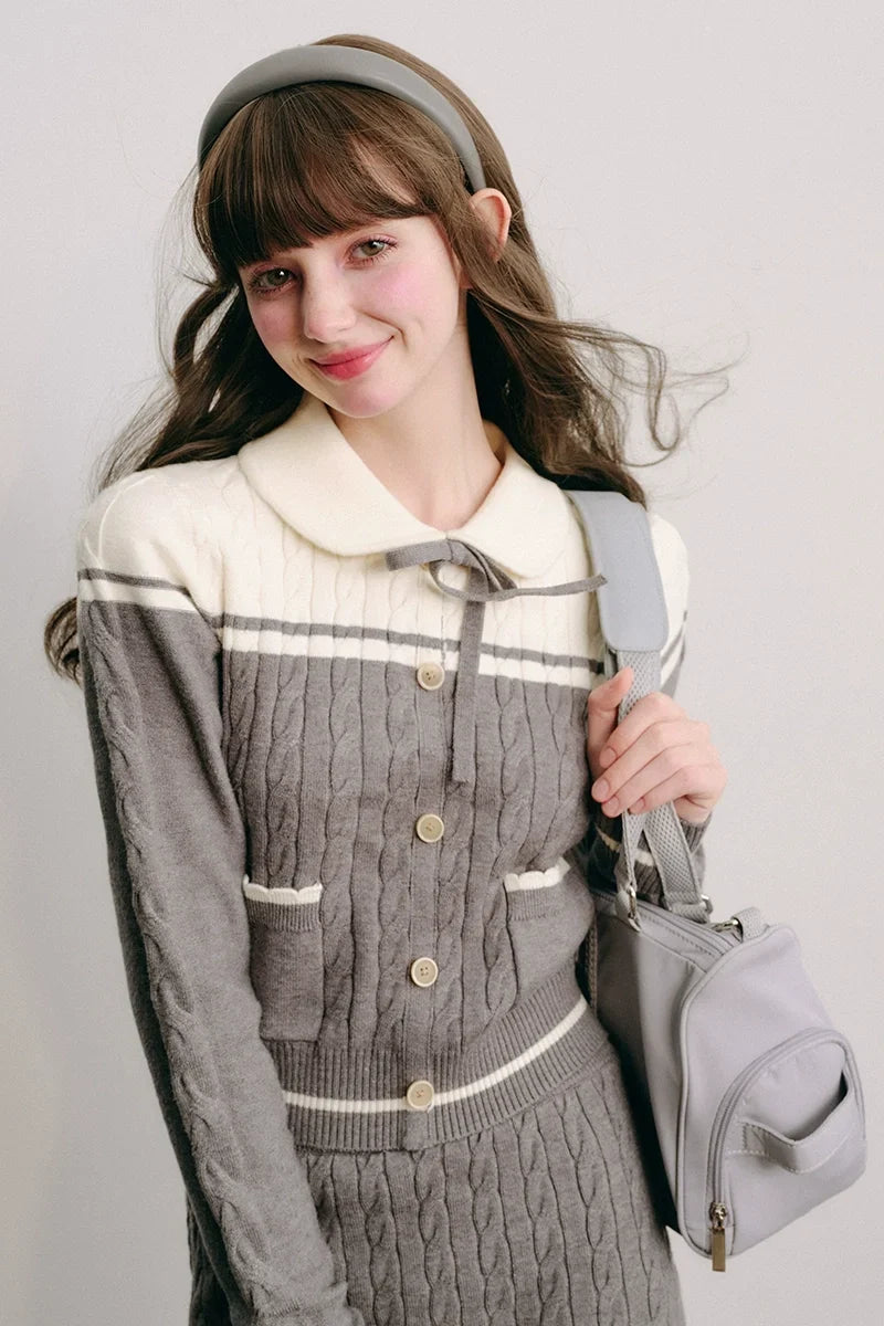 Bow Round Collar Knit Cardigan & Knit Short Skirt Setup