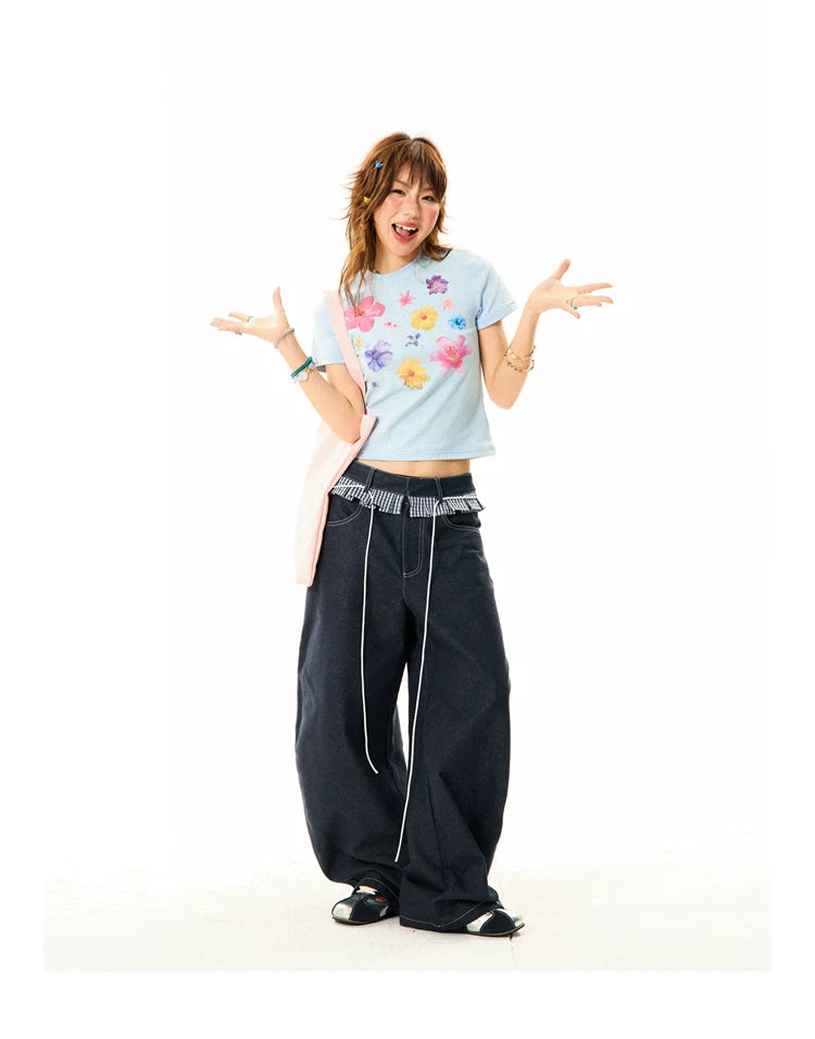 Flower Print Cropped Short Sleeve T-Shirt