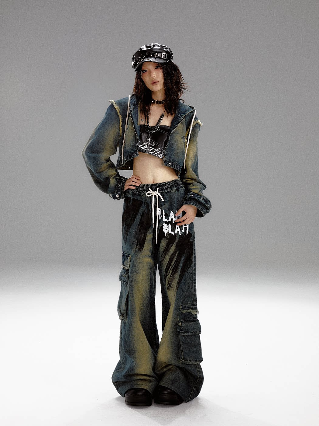 Washed Graffiti Wide-Leg Straight Dnim Jeans