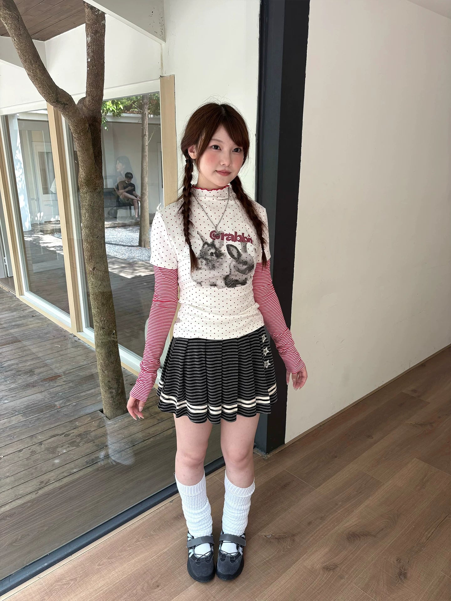 Rabbit Print Patchwork High-Neck Long Sleeve T-Shirt