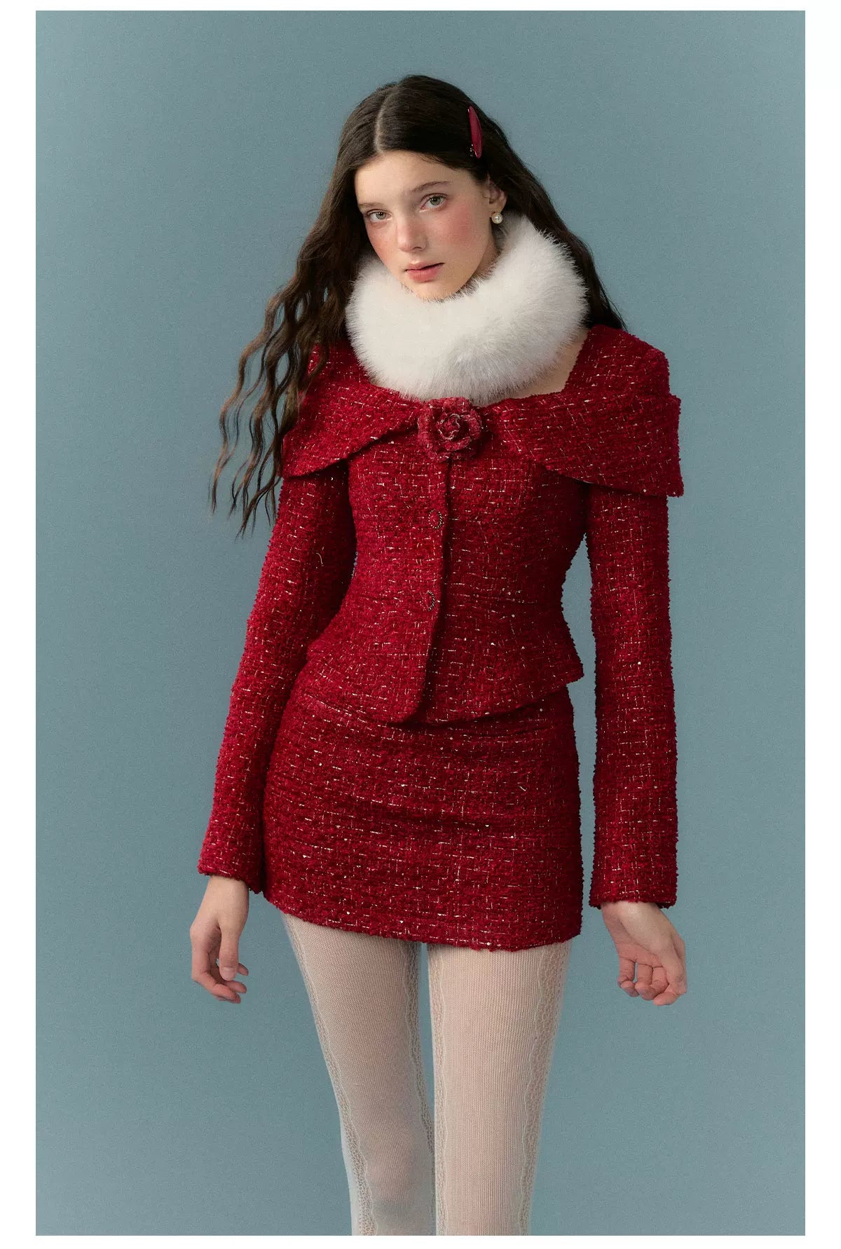 Short Tweed Jacket & Tweed Short Skirt & Tweed Fishtail Long Skirt & Fur Scarf Setup
