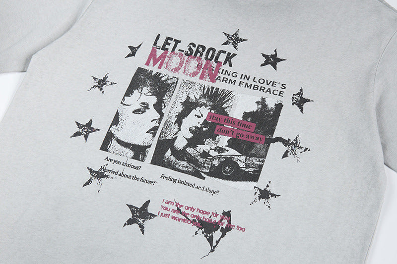 Washed Portrait Letter Print Short Sleeve T-Shirt