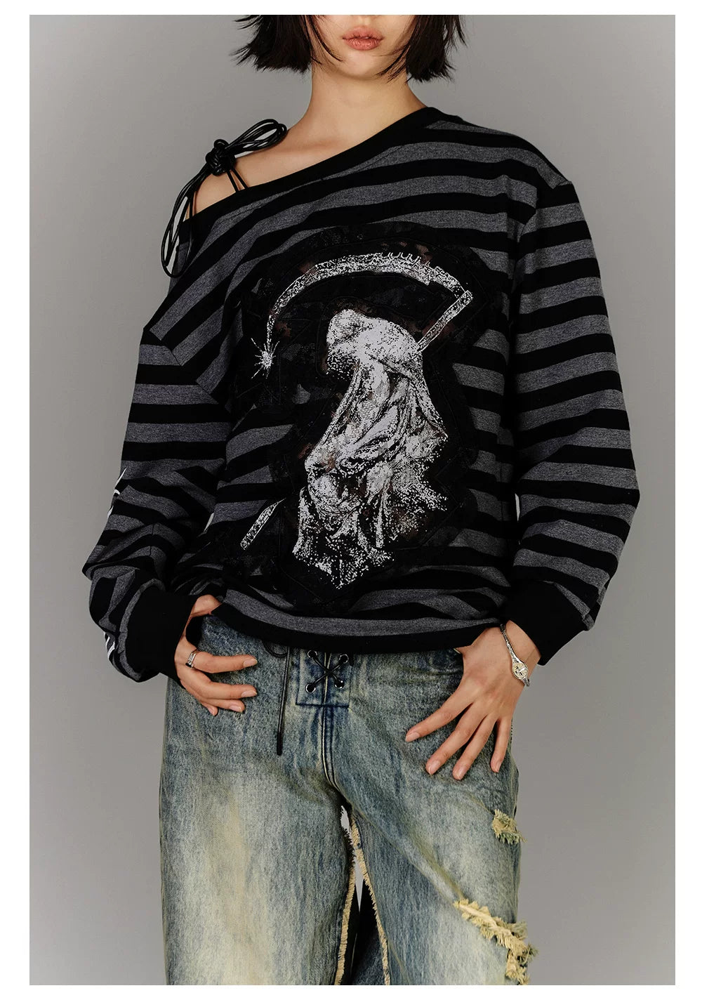 Off-Shoulder Drawstring Stripe Oversize Long Sleeve T-Shirt