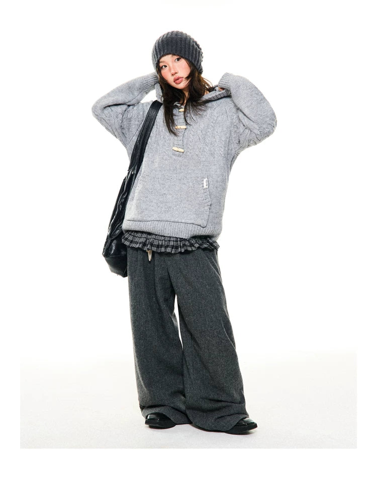 Hooded Toggle-Front Knit Sweater