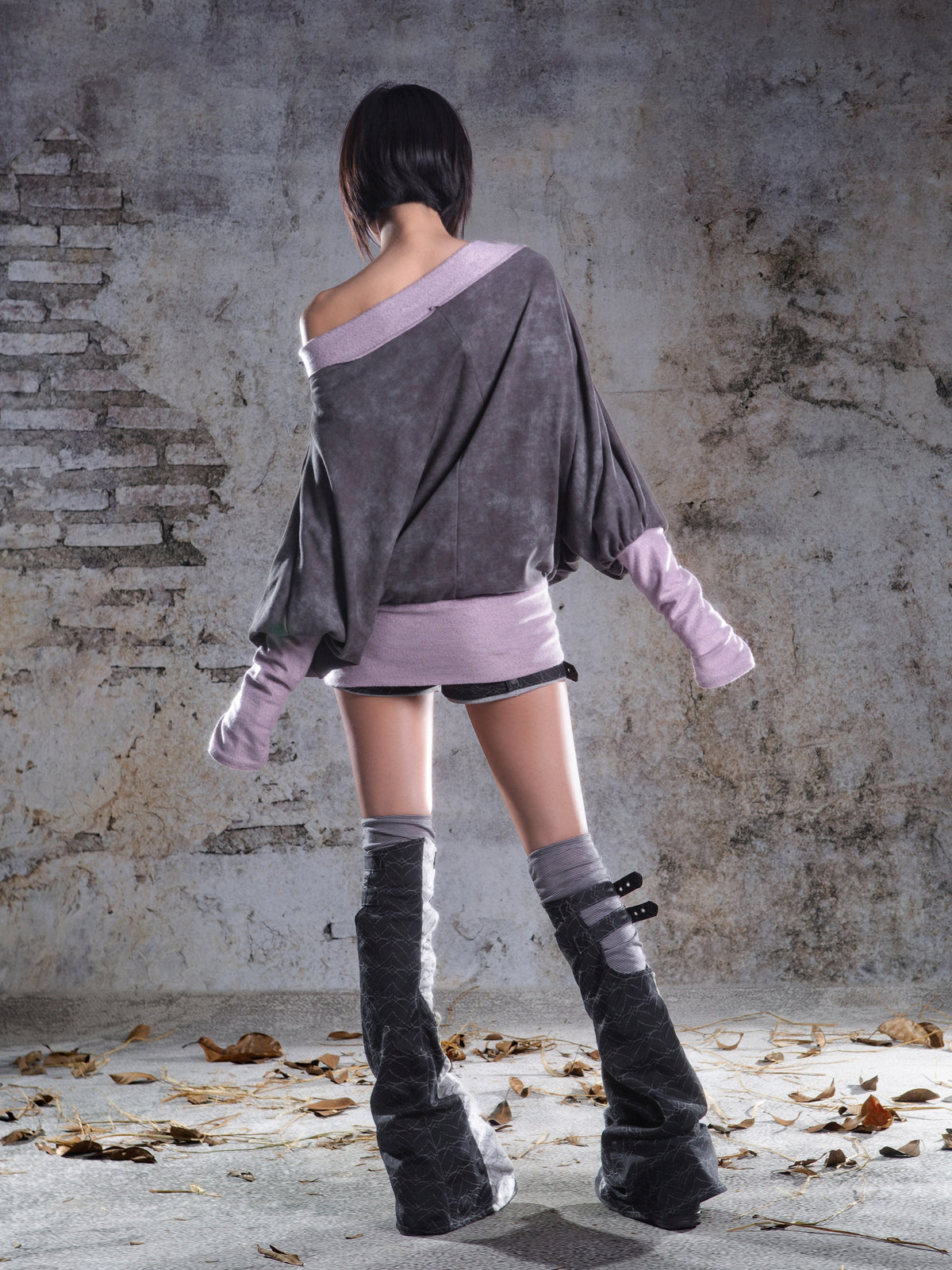 Original Fake Two-Piece Oversize Batwing Sleeve Floral Off-Shoulder Long Sleeve T-Shirts