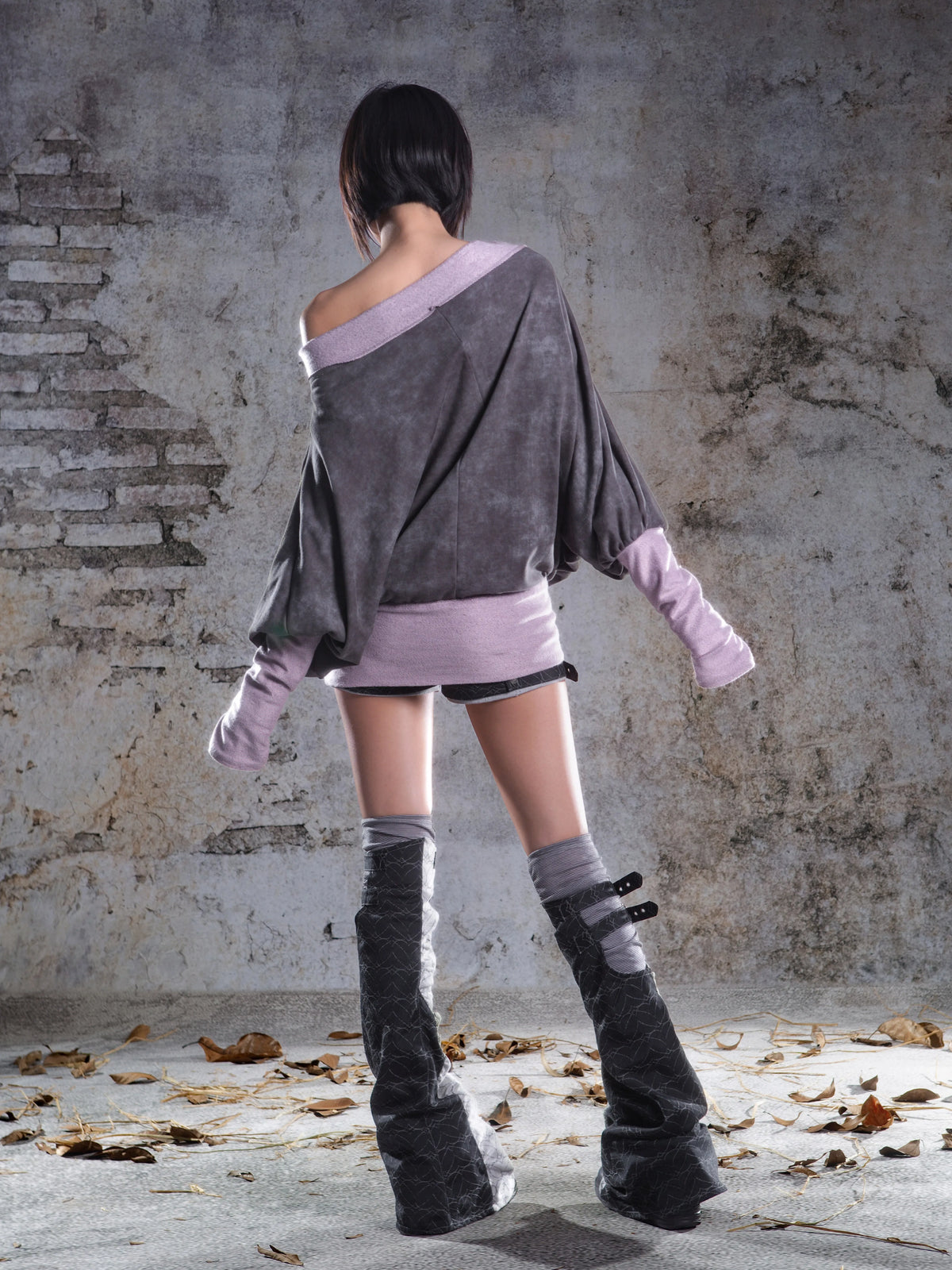 Original Fake Two-Piece Oversize Batwing Sleeve Floral Off-Shoulder Long Sleeve T-Shirts